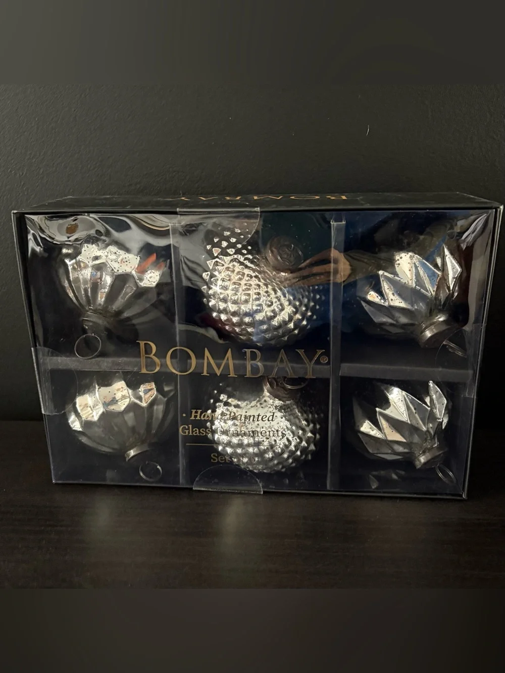 NEW Bombay Silver Hand Painted 6-Pack Glass Ornament Set Made in India
